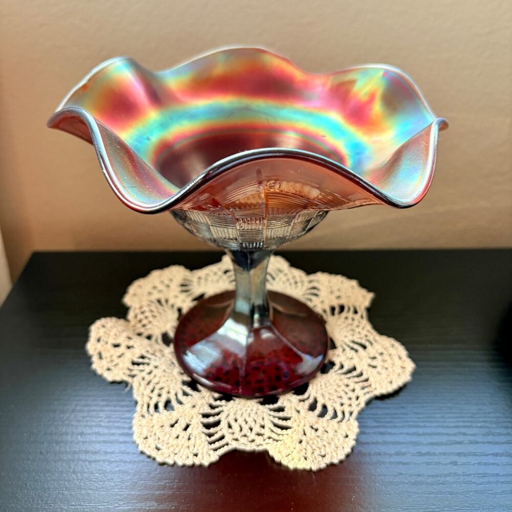 Antique Northwood Amethyst Rainbow Carnival Glass Pedestal Dish, Basket Weave